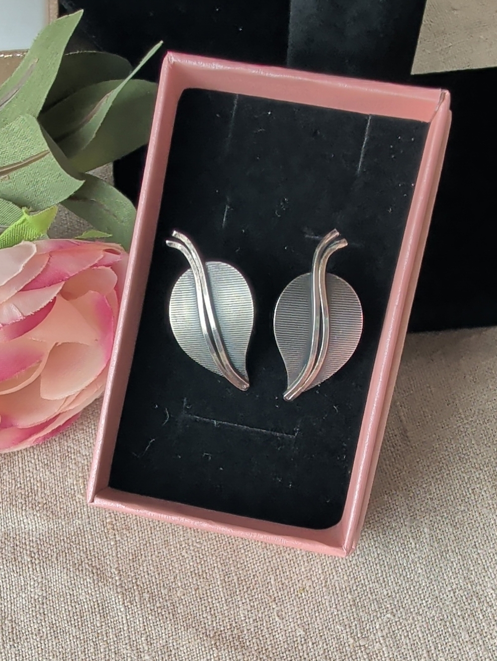 40's/50'sGermany Sterling Silver Leaf Earrings  Mid Century Screw Back Botanical
